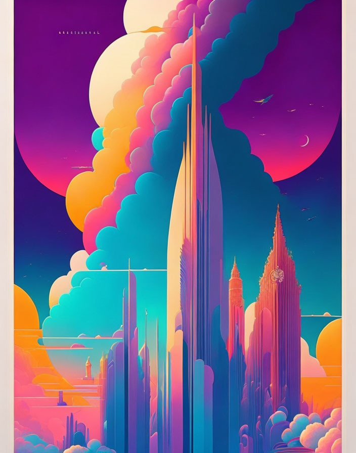 Colorful digital artwork: futuristic skyscrapers in pastel clouds