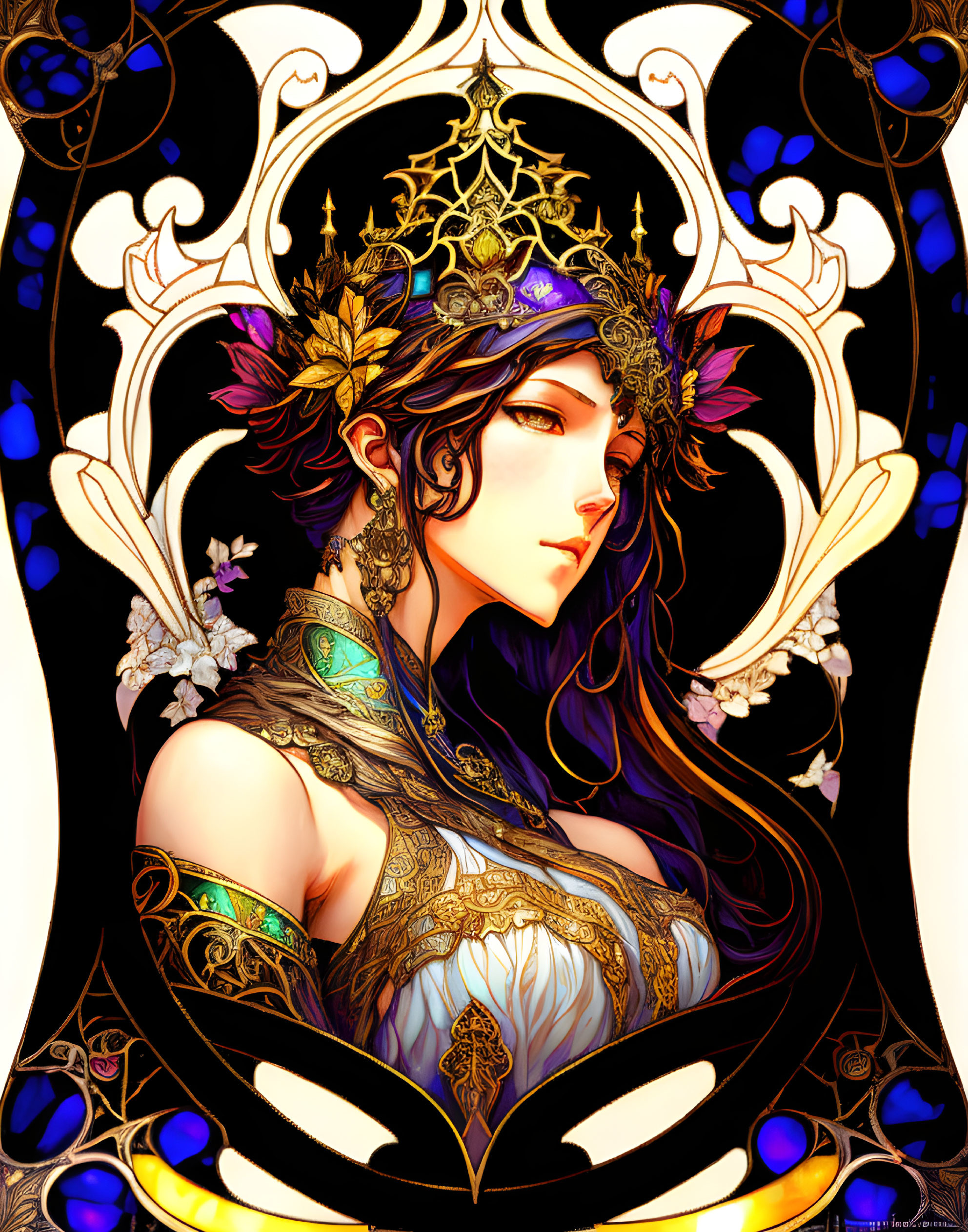 Regal woman with crown and ornate jewelry in stained glass border