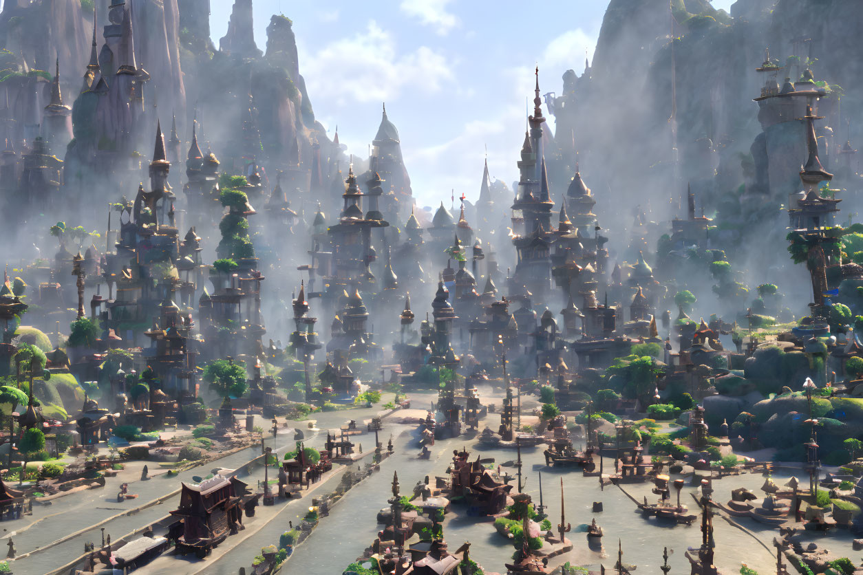 Ancient city with towering spires and river, surrounded by cliffs and greenery