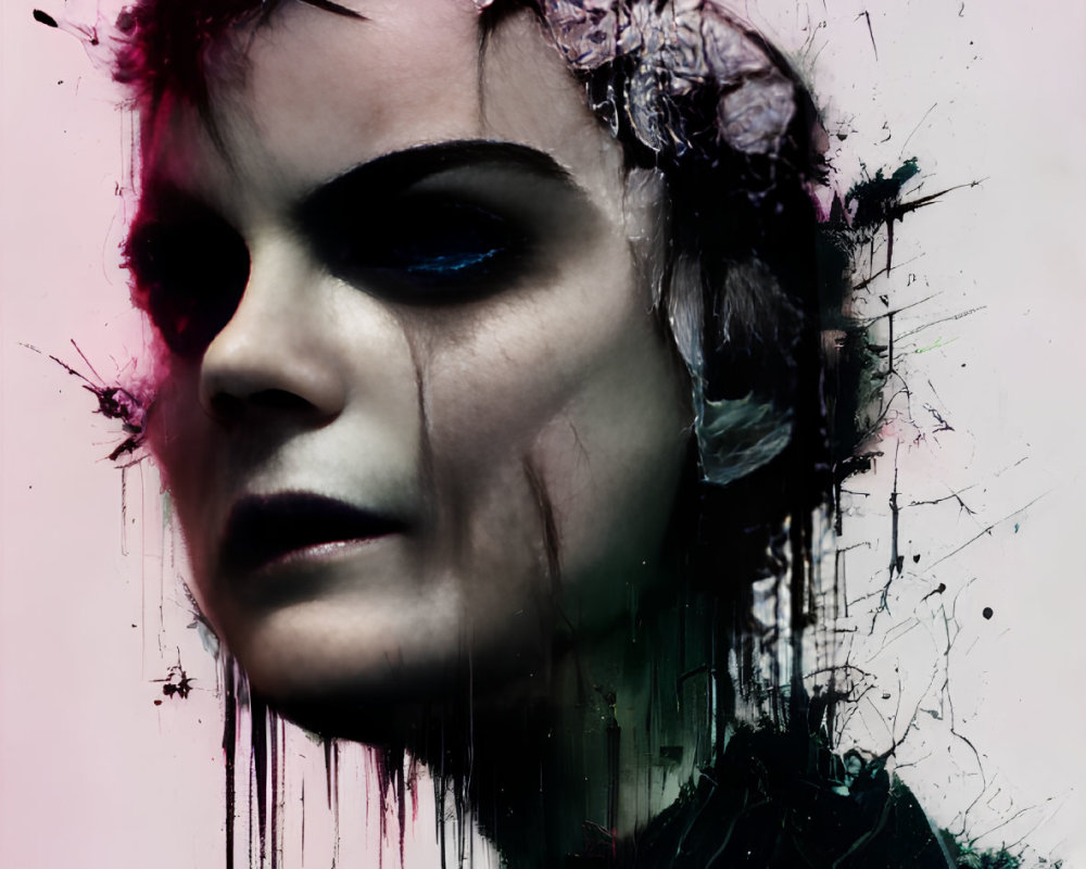 Stylized portrait with dramatic makeup and paint splatter effects