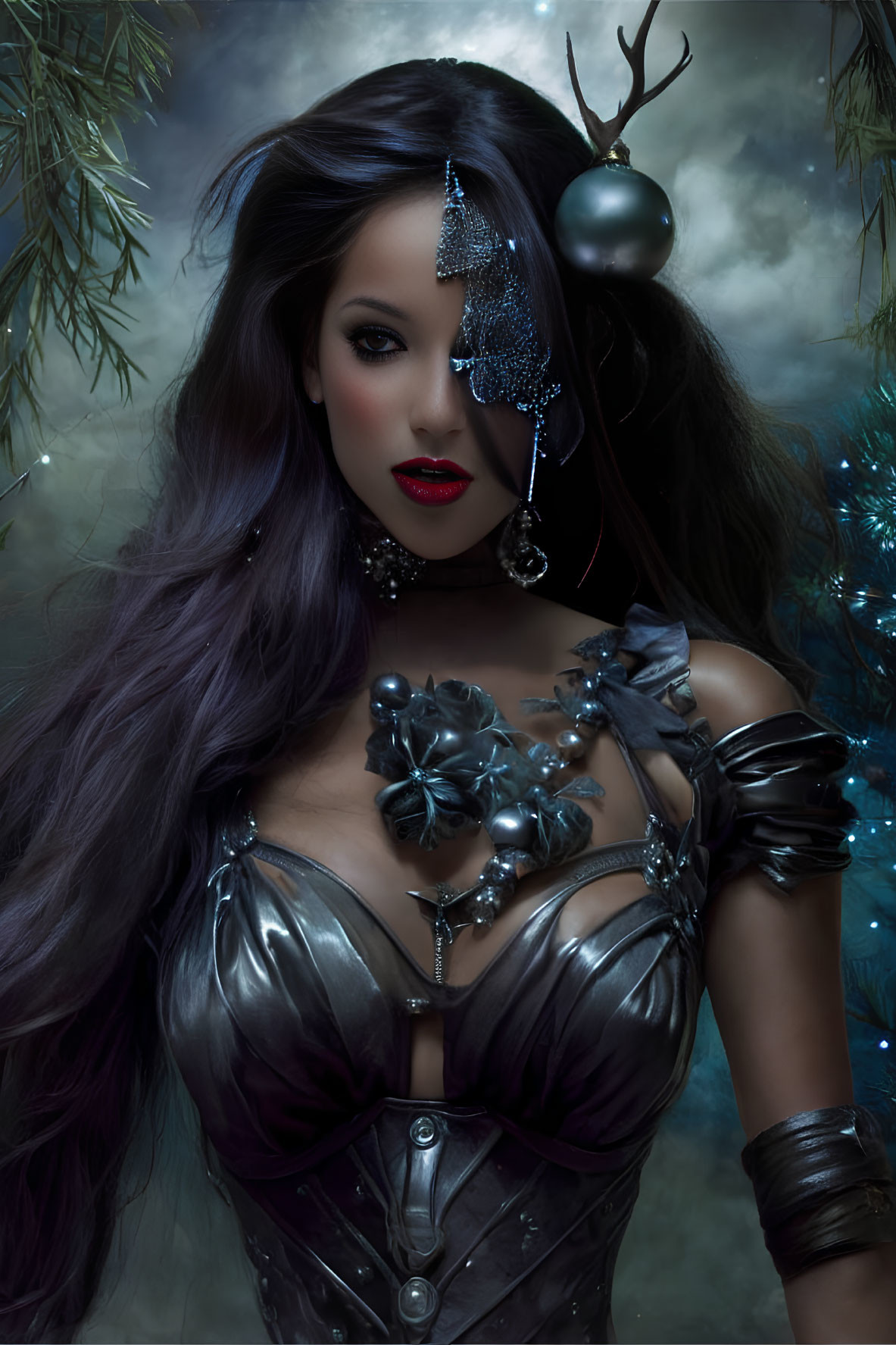Dark-haired woman in red lipstick with silver armor and veil in mystical forest.