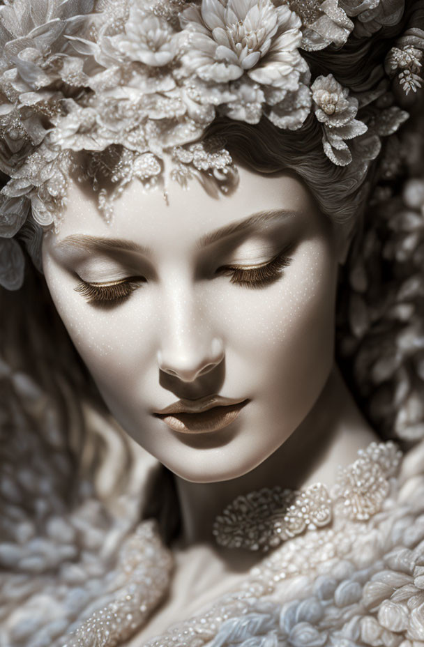 Ethereal figure in floral headpiece and textured attire exudes serenity in monochromatic tones