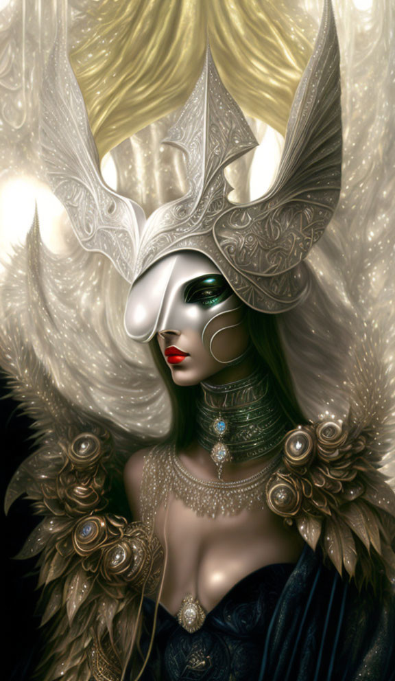 Digital artwork of a woman in ornate mask with silver feathers and metallic collar capturing mystery and elegance