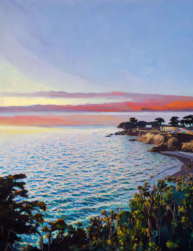 Colorful Coastal Sunset Painting with Silhouetted Trees and Rocky Cliffs