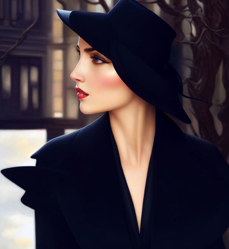 Elegant Woman with Porcelain Skin and Red Lips in Black Hat and Coat