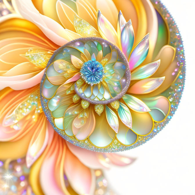 Colorful fractal flower art with gold, orange, and blue petals