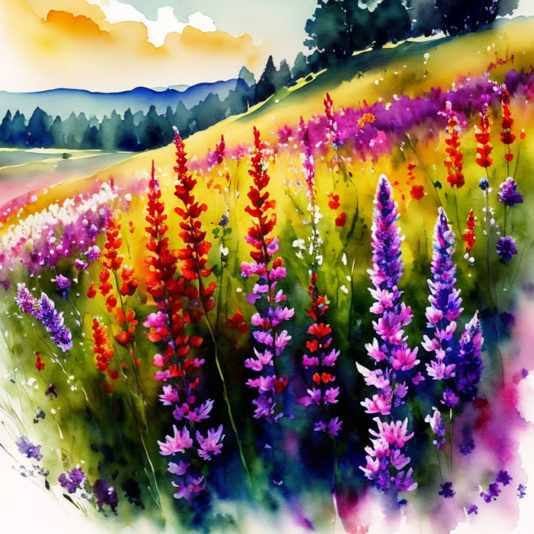 Colorful Watercolor Painting of Wildflower Meadow at Sunset