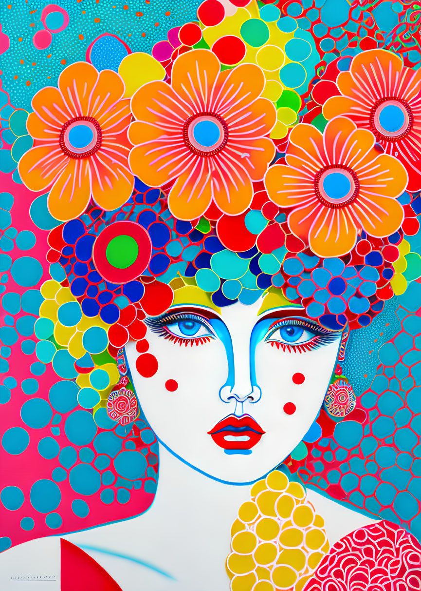 Colorful Psychedelic Artwork of Woman's Face with Floral Pattern