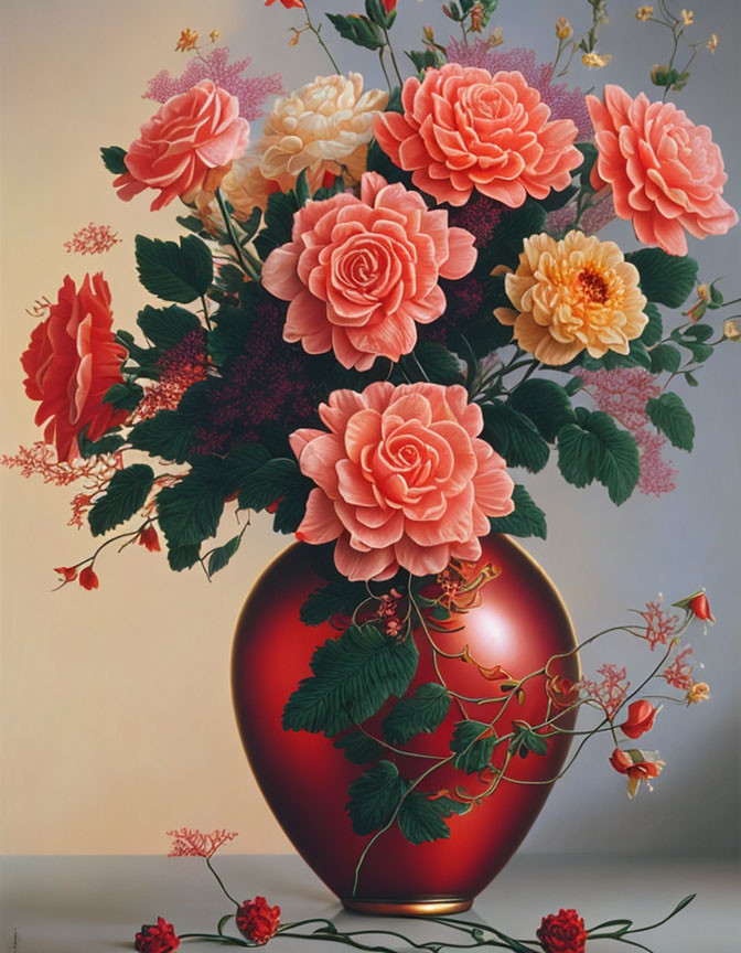 Colorful Rose and Flower Bouquet in Red Vase on Gradient Background
