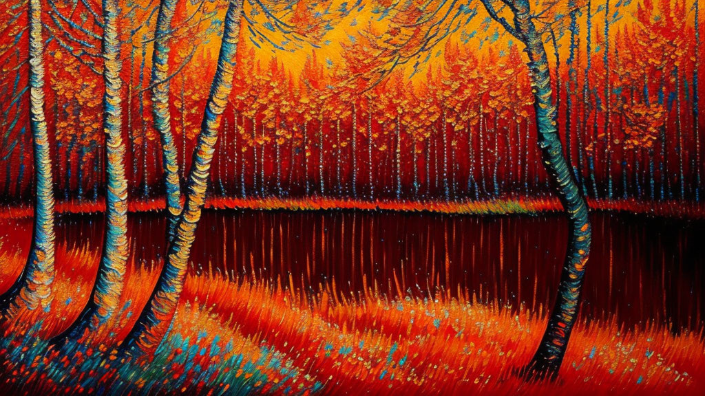 Colorful autumn forest scene with birch trees and thick impasto paint.