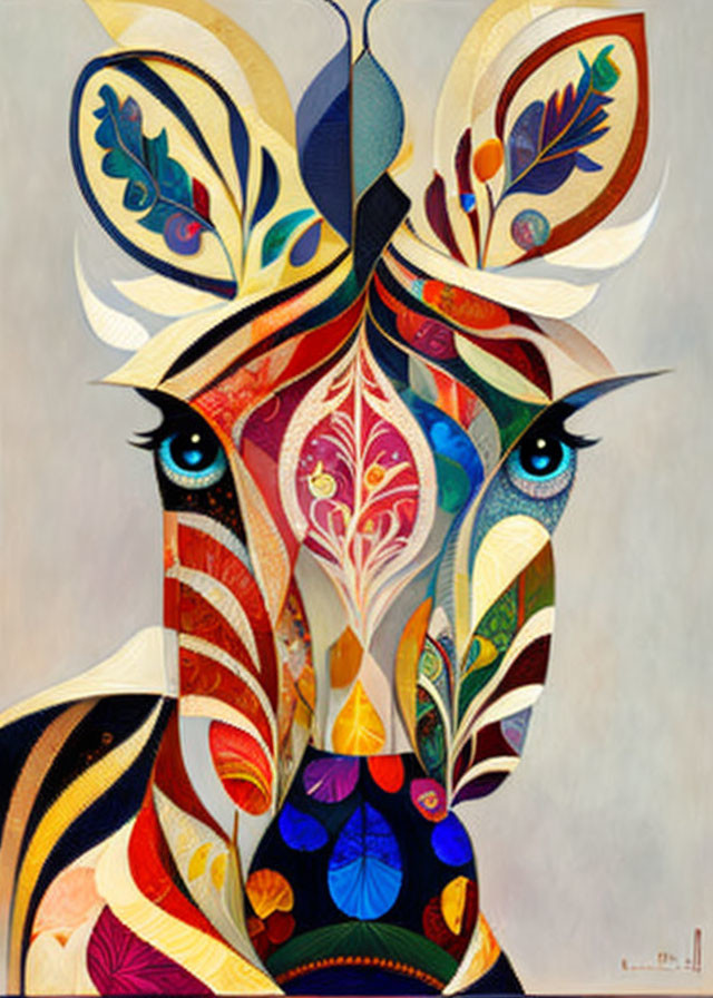 Colorful Abstract Portrait of Stylized Female Face with Blue Eyes and Ornate Leaf Patterns