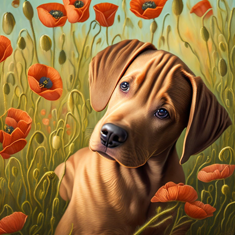 Brown dog with expressive eyes in vibrant poppy field.