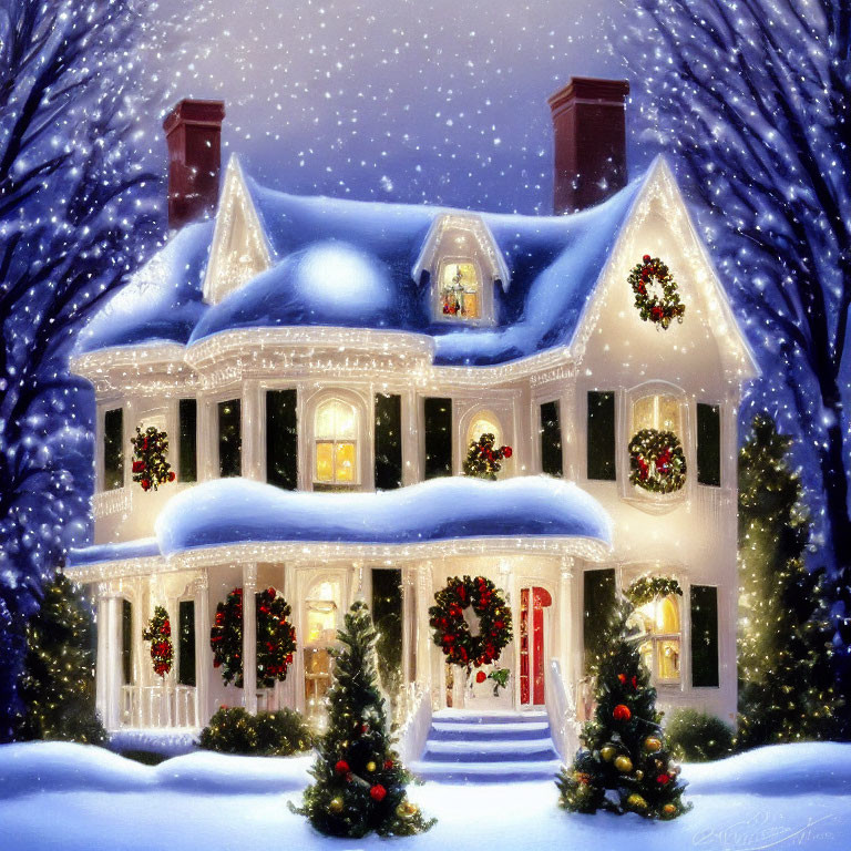 Snowy Night Scene: Festive Two-Story House with Wreaths