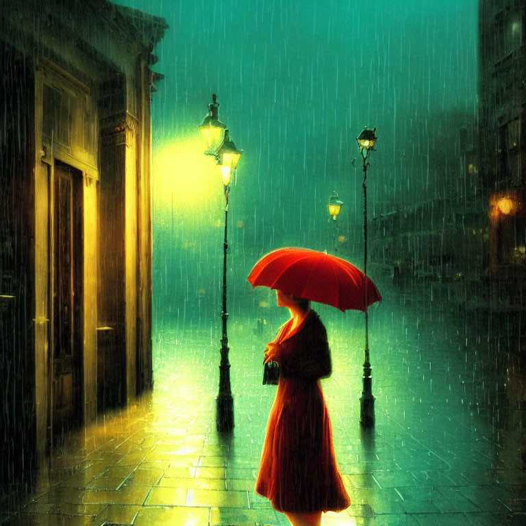 Person with red umbrella on rainy, illuminated street with vintage lampposts