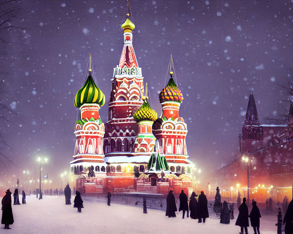 Snowy Evening Scene: Saint Basil's Cathedral Illuminated in Moscow