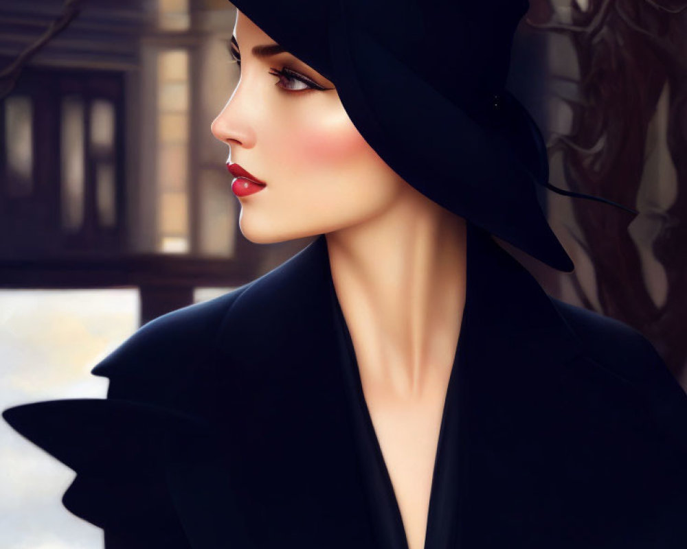 Elegant Woman with Porcelain Skin and Red Lips in Black Hat and Coat