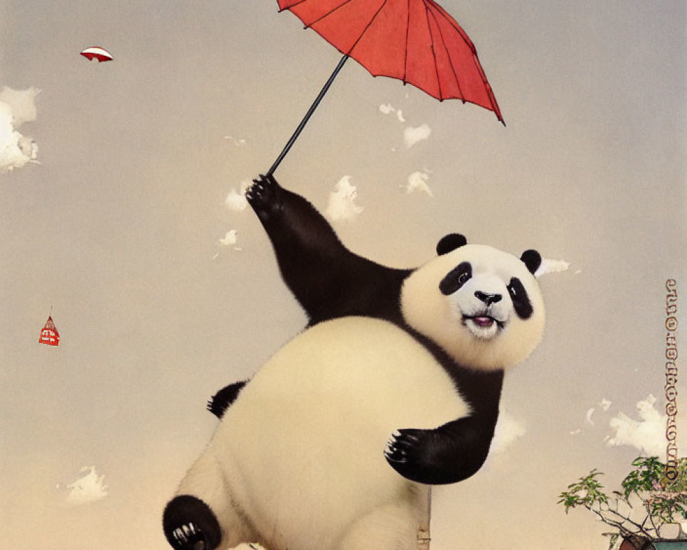 Illustration of panda with red umbrella floating in air with dog and items