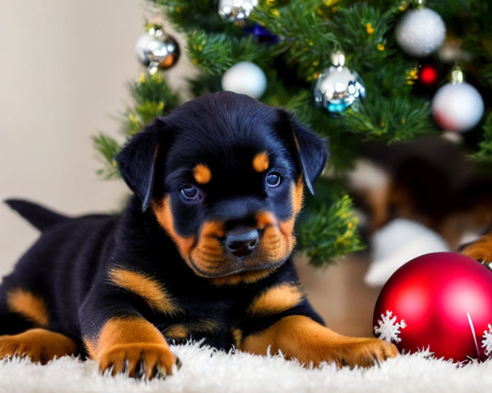 Rottweiler puppy on white rug with Christmas tree in background
