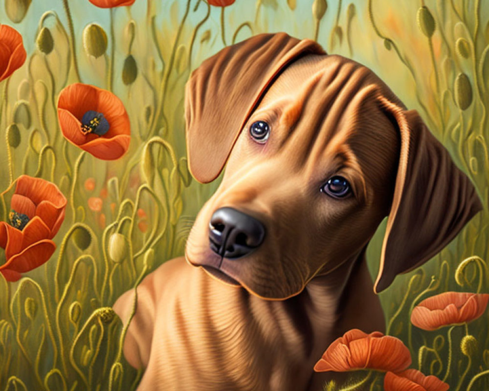 Brown dog with expressive eyes in vibrant poppy field.