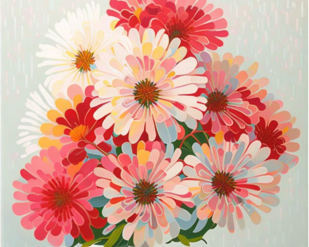 Colorful Flower Bouquet Painting with Red and Pink Hues on Grey Background