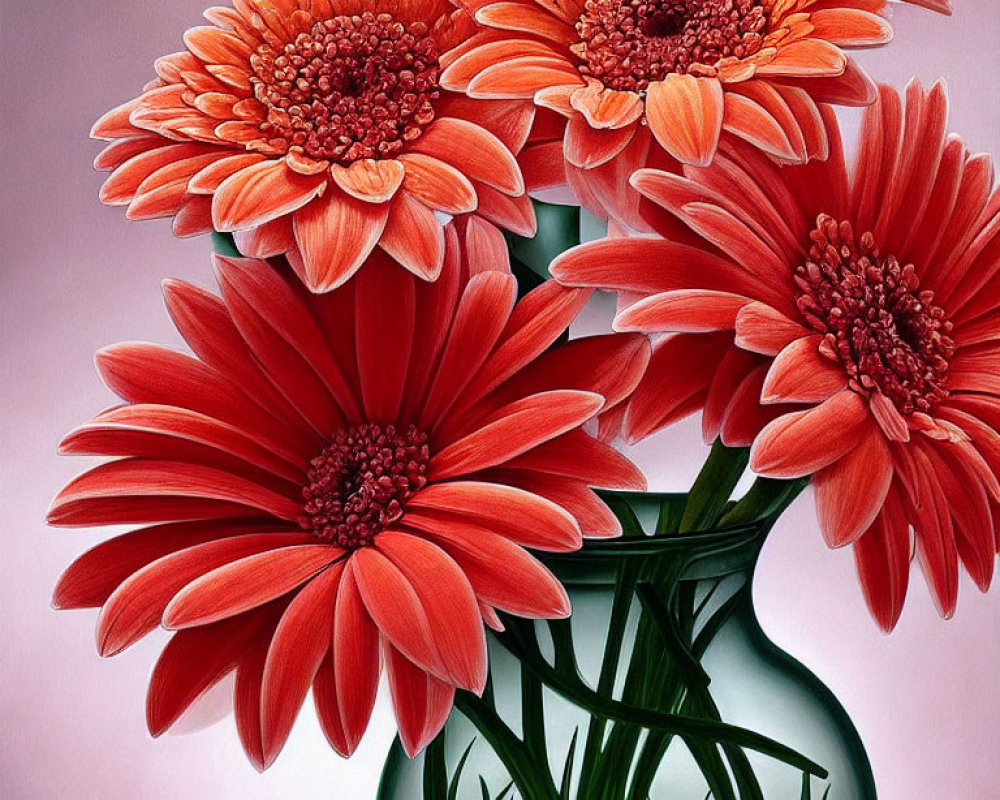 Bright red-orange gerbera daisies in glass vase on pink background