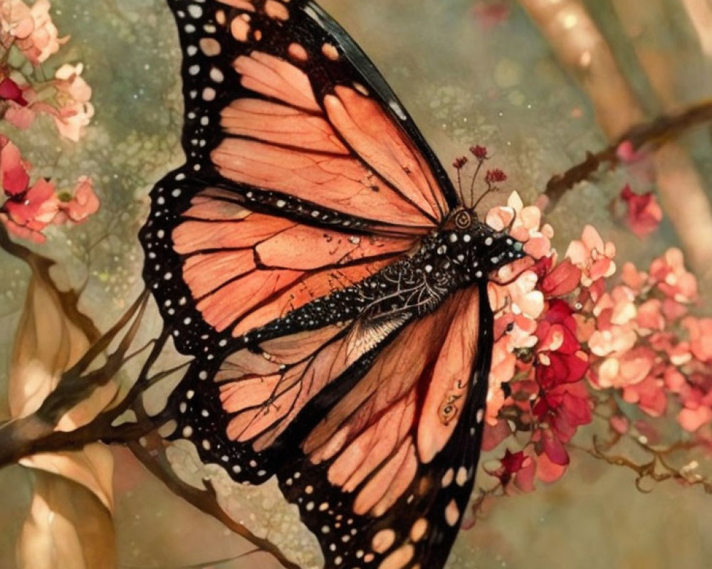 Monarch butterfly resting on pink blossoming branch