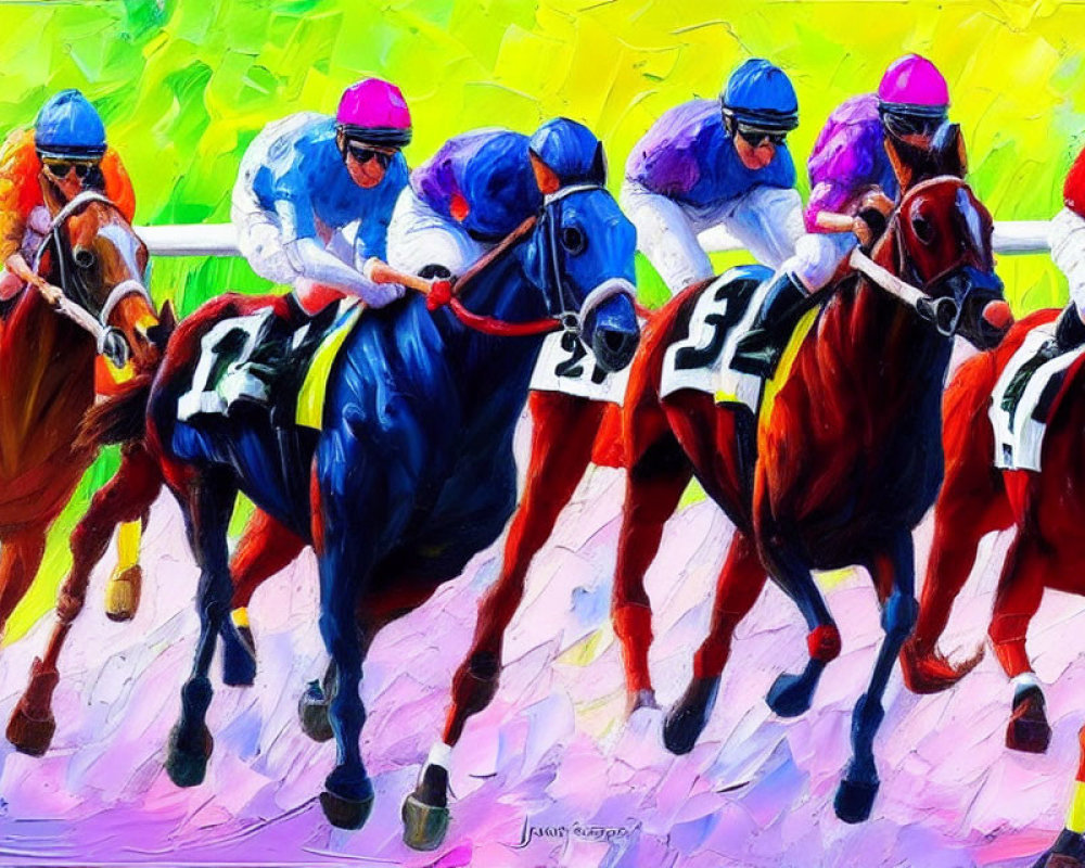 Colorful Horse Racing Painting with Dynamic Jockeys in Motion