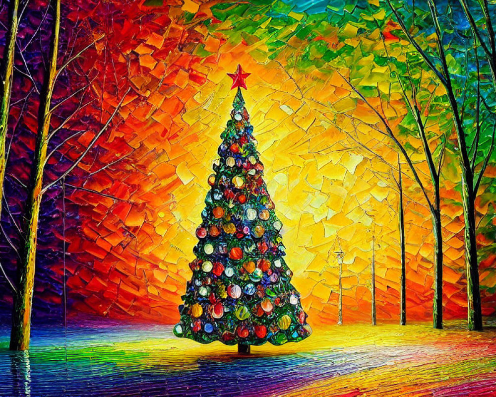 Colorful Impressionist Painting of Christmas Tree with Red Star