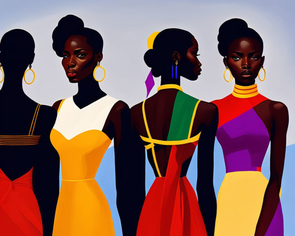 Stylized women in vibrant dresses and bold earrings