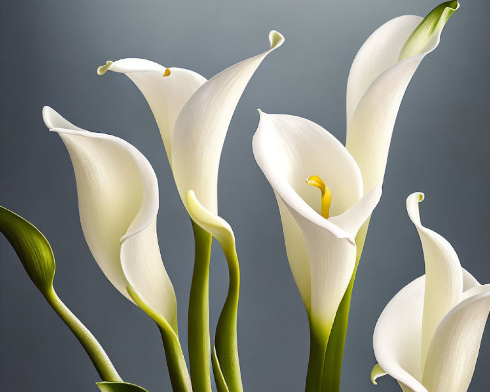 White Calla Lilies with Yellow Spadices on Grey Background