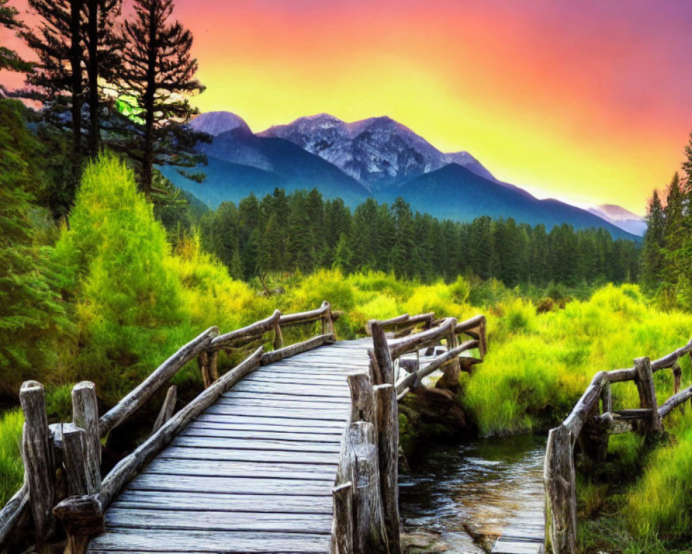 Tranquil landscape: wooden bridge over stream, lush greenery, colorful sunset.