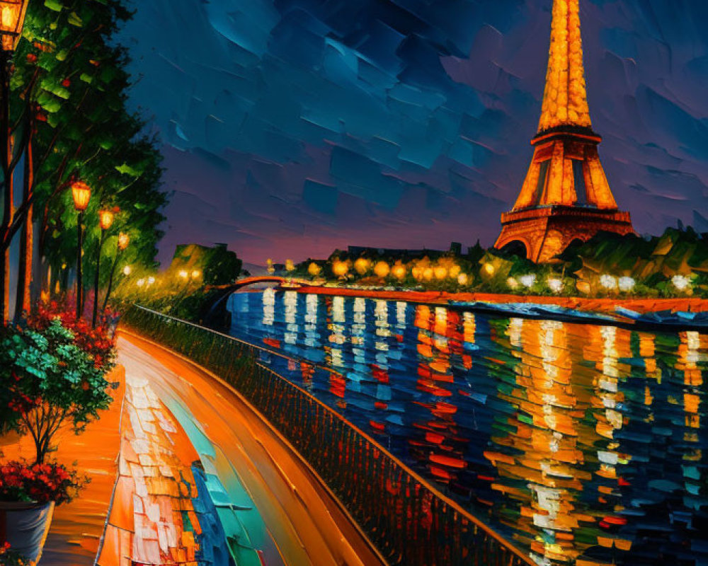 Impressionist-style painting of Eiffel Tower at night with Seine River reflections