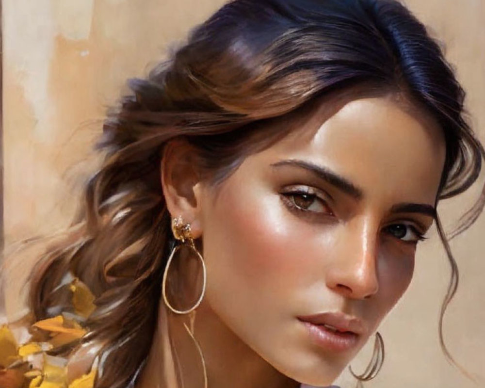 Portrait of woman with tanned skin, dark hair, blue highlights, hoop earrings, and yellow flowers