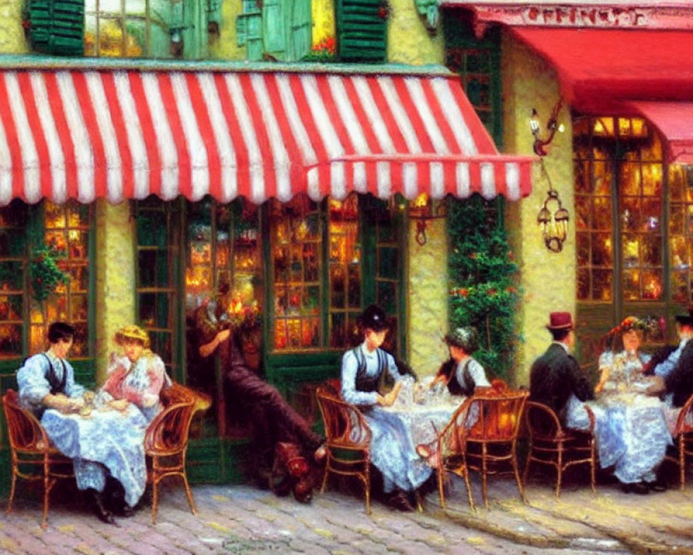 European Cafe Scene with Outdoor Dining, Colorful Façade, Striped Awning, Cobble