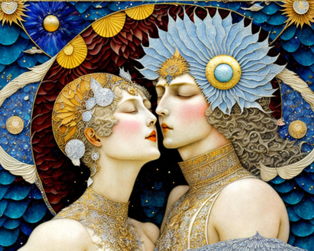 Illustration of man and woman in embrace with elaborate headdresses against cosmic backdrop