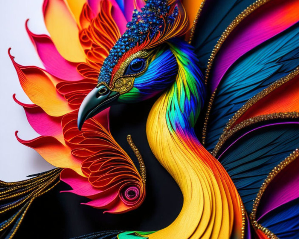 Colorful Paper Art Sculpture of Peacock with Intricate Feather Details