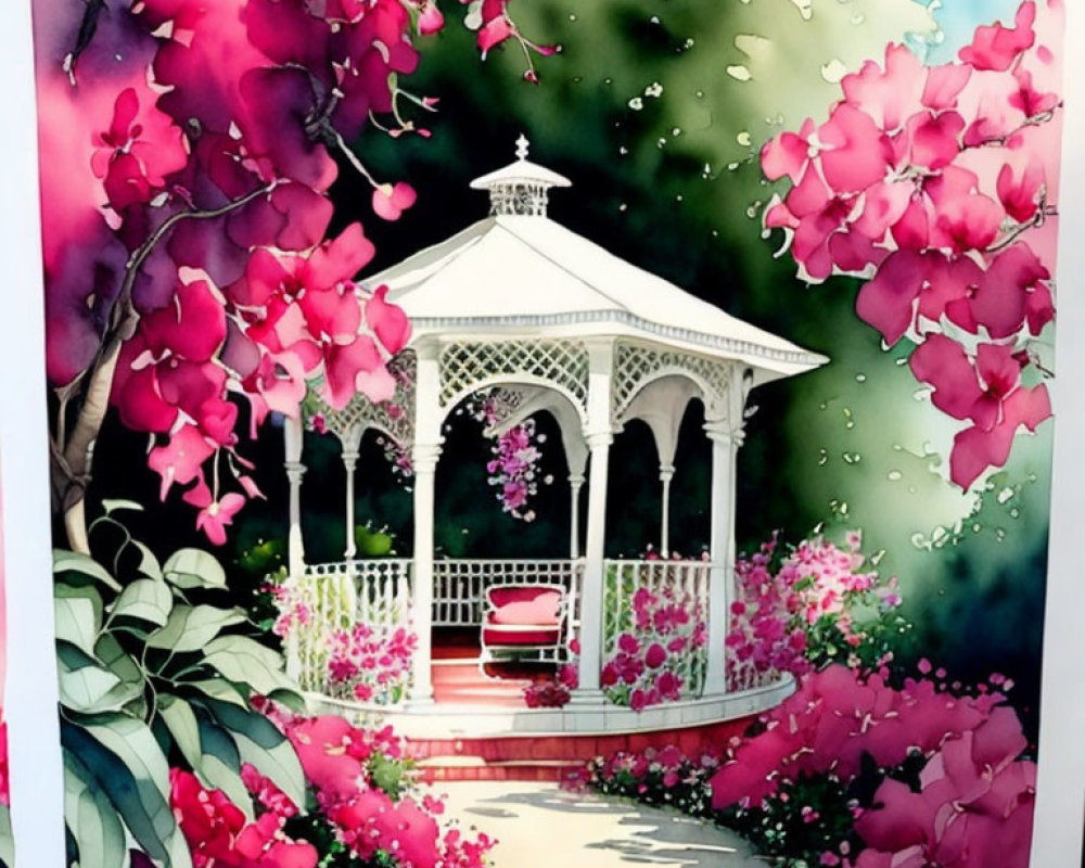 Illustrated gazebo with pink flowers and greenery, bench under shaded canopy