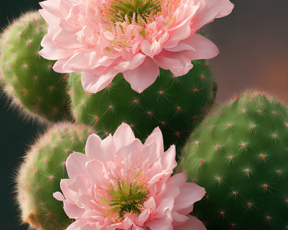 Colorful Pink Flowers Blooming on Green Cacti