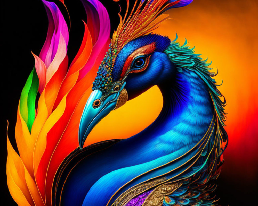 Colorful Peacock Digital Artwork with Vibrant Blue Body
