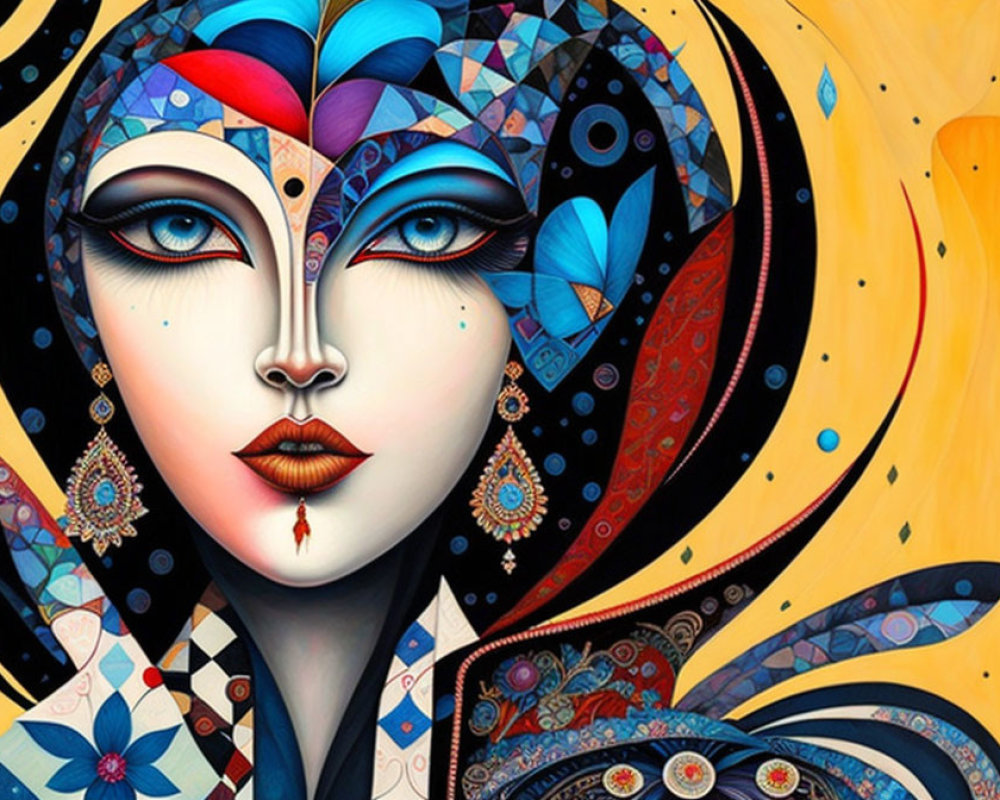 Colorful Stylized Woman's Face Artwork with Symmetrical Patterns