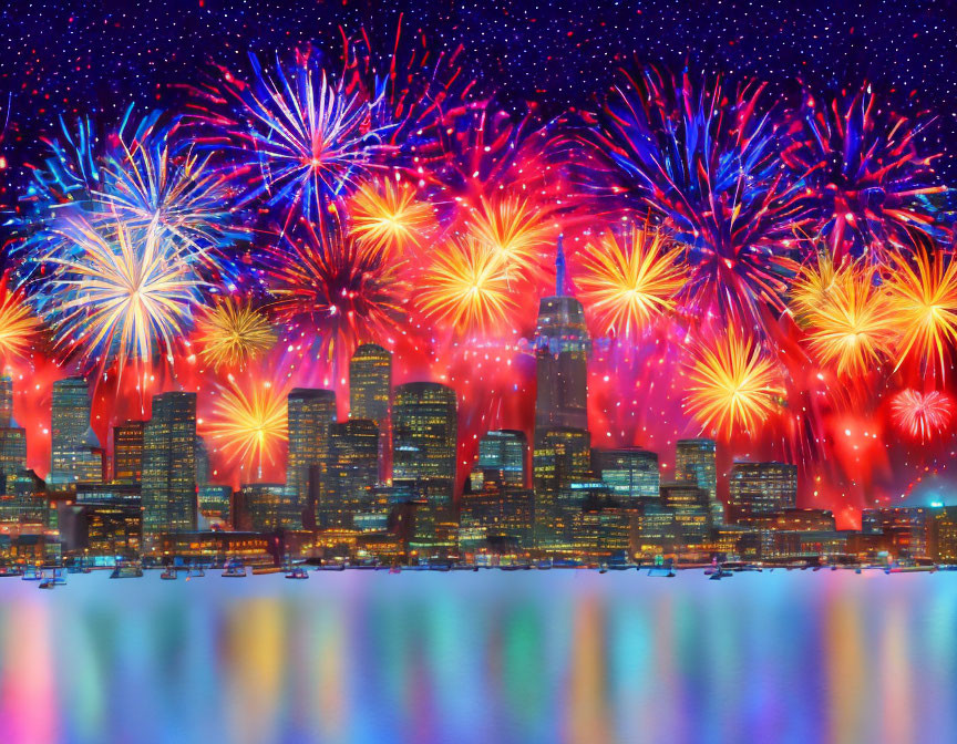 Colorful fireworks illuminate city skyline at night