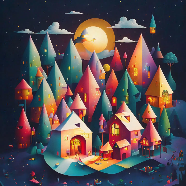 Whimsical village illustration with pointed rooftops under night sky