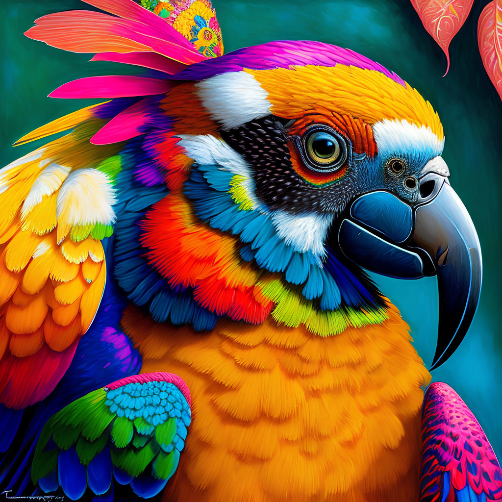 Detailed Close-Up Illustration of Colorful Parrot with Vibrant Feather Pattern