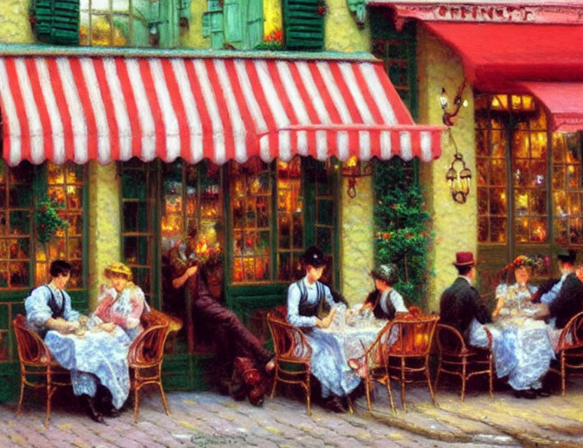 European Cafe Scene with Outdoor Dining, Colorful Façade, Striped Awning, Cobble