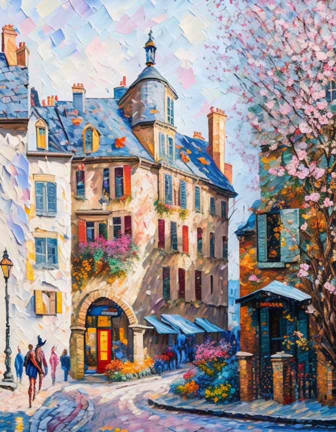 Vibrant painting of cobblestone street with old buildings and people