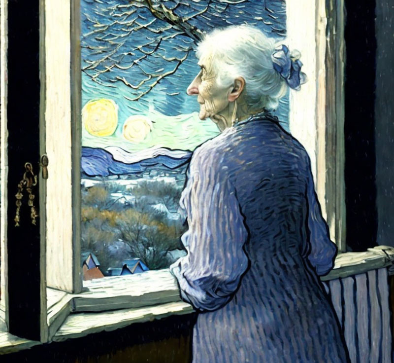 Elderly woman with white hair looking at snowy landscape with swirling sky.