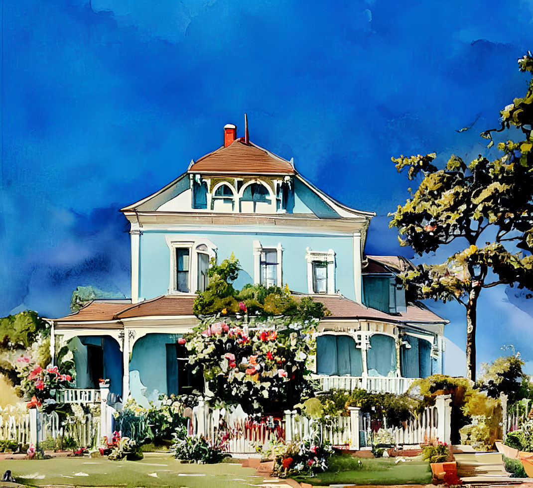 Colorful Watercolor Painting of Two-Story Blue House with Red Roof