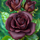 Dark Red Roses with Velvety Petals and Green Leaves Displayed