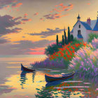 Serene lakeside painting with boats, house, flowers, trees, and colorful dusk sky