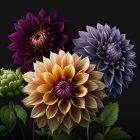 Colorful Dahlia Flowers in Purple, Blue, and Yellow-Orange on Dark Background